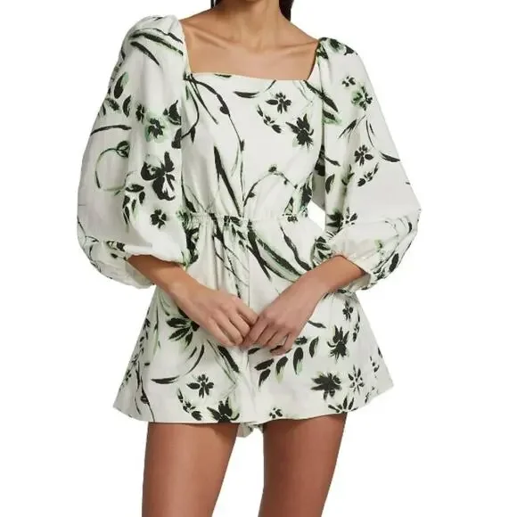 NWT Tanya Taylor‎ Stevie Romper Size Small Floral Linen Square Neck Puff Sleeve